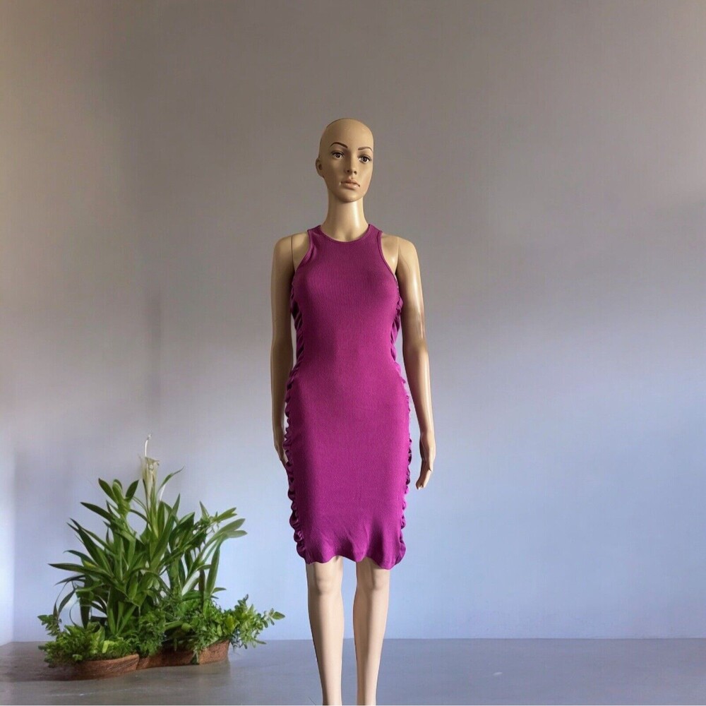 Vtg FAME Ruched Bodycon Dress Women Affair Purple Sleeveless Evening Size M 90s